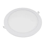 White round LED panel light with slim recessed design, viewed from front angle showing circular diffuser face and mounting cl
