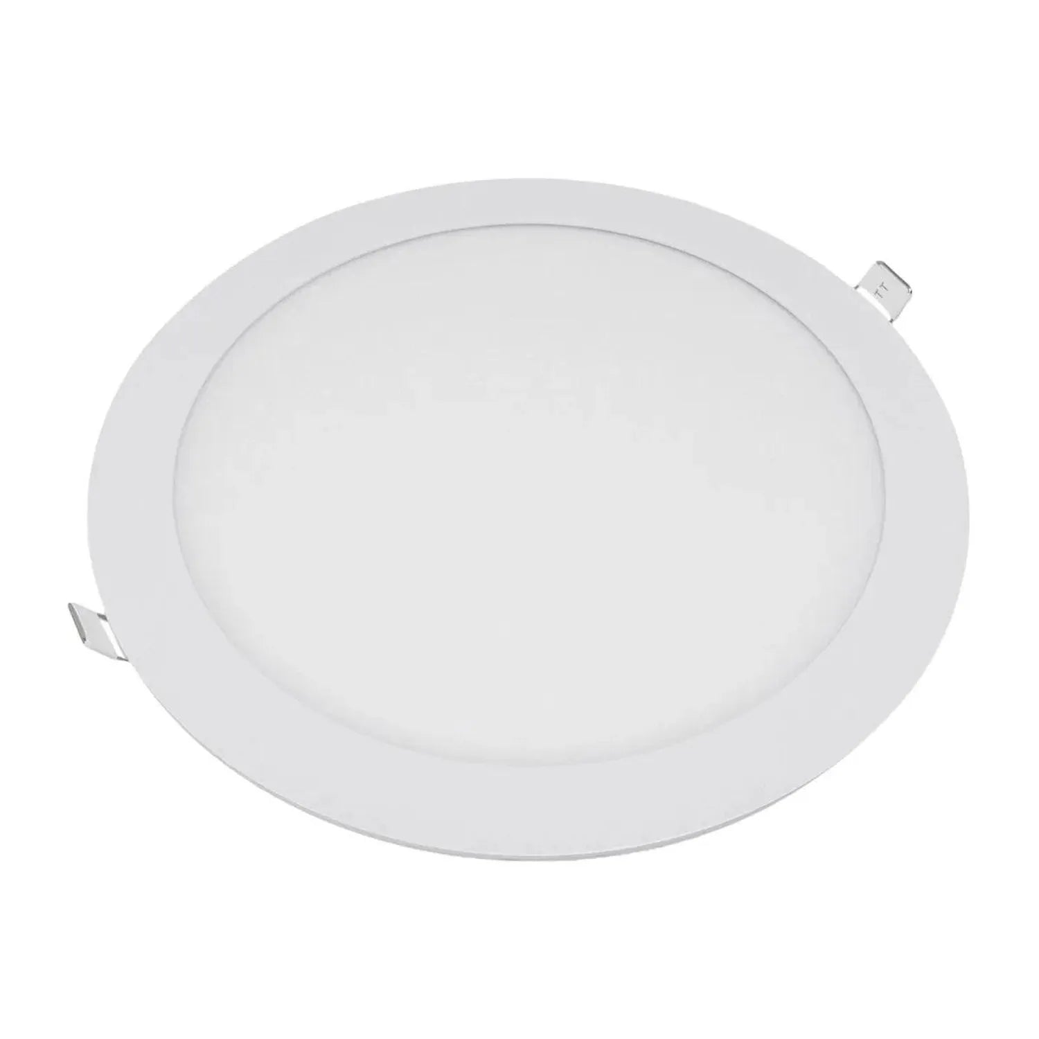 White round LED panel light with slim recessed design, viewed from front angle showing circular diffuser face and mounting cl