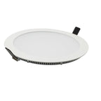 Slim round recessed LED downlight with white trim ring and black connector visible from angled view.