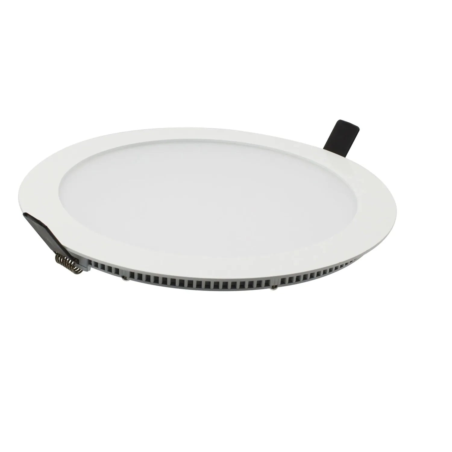 Slim round recessed LED downlight with white trim ring and black connector visible from angled view.
