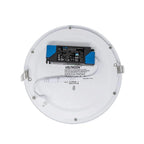 Rear view of white round LED panel light showing driver, wiring, and manufacturer specifications label.
