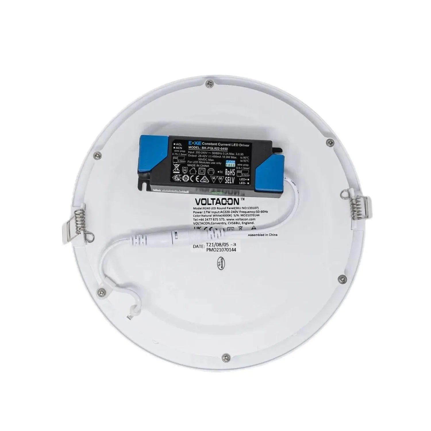 Rear view of white round LED panel light showing driver, wiring, and manufacturer specifications label.