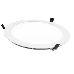 White round recessed LED panel light with black mounting clips and electrical connector visible on the underside.
