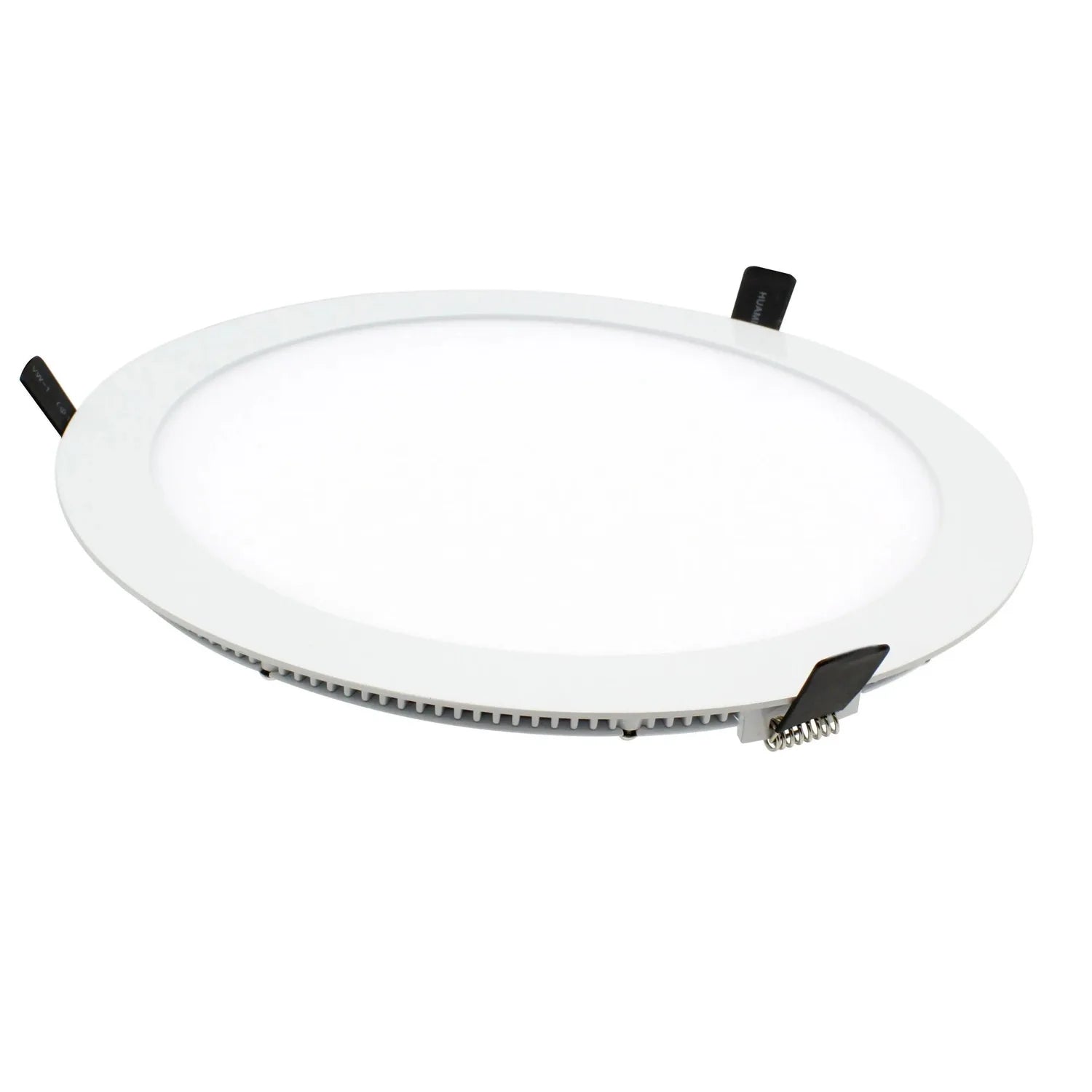 White round recessed LED panel light with black mounting clips and electrical connector visible on the underside.