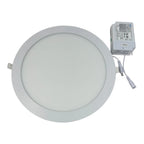 Round recessed LED ceiling panel light with white frame and external power driver labeled 950mA, shown against white backgrou