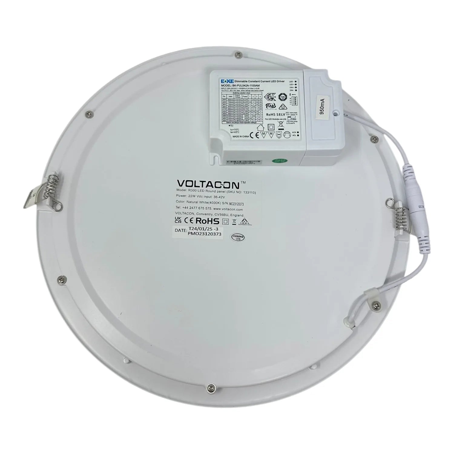 Back view of Voltacon 22W LED round recessed ceiling panel light showing driver module and mounting hardware.