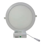 Round LED recessed ceiling panel light with white trim ring and attached LED driver unit shown against white background.