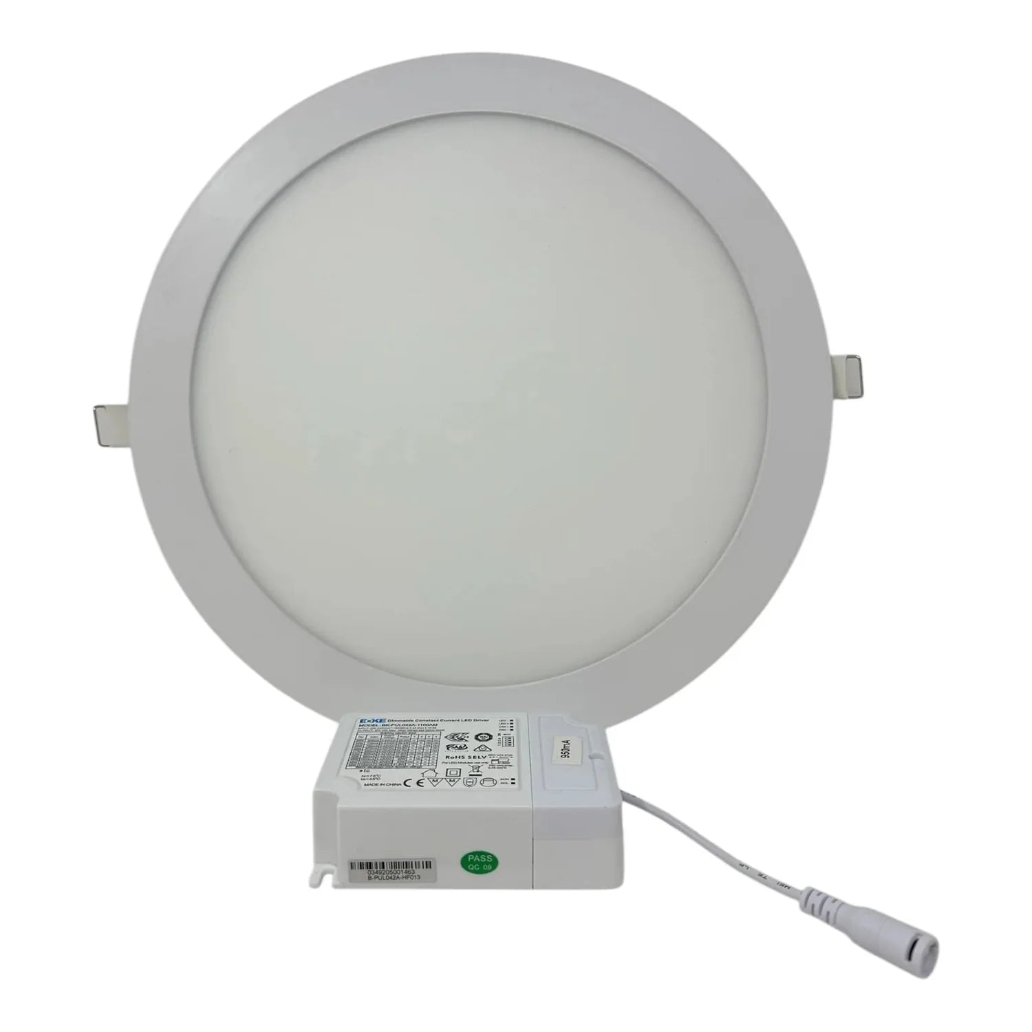 Round LED recessed ceiling panel light with white trim ring and attached LED driver unit shown against white background.