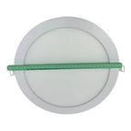 Round LED recessed ceiling panel light with green measuring tape across diameter for scale reference.