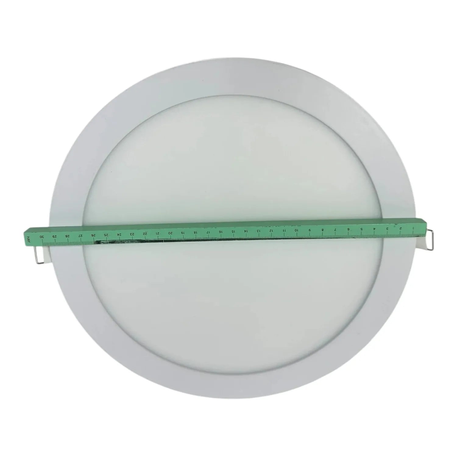 Round LED recessed ceiling panel light with green measuring tape across diameter for scale reference.