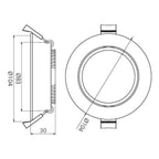 Technical dimension diagram showing front and top views of round recessed LED downlight with measurements including 83mm and 
