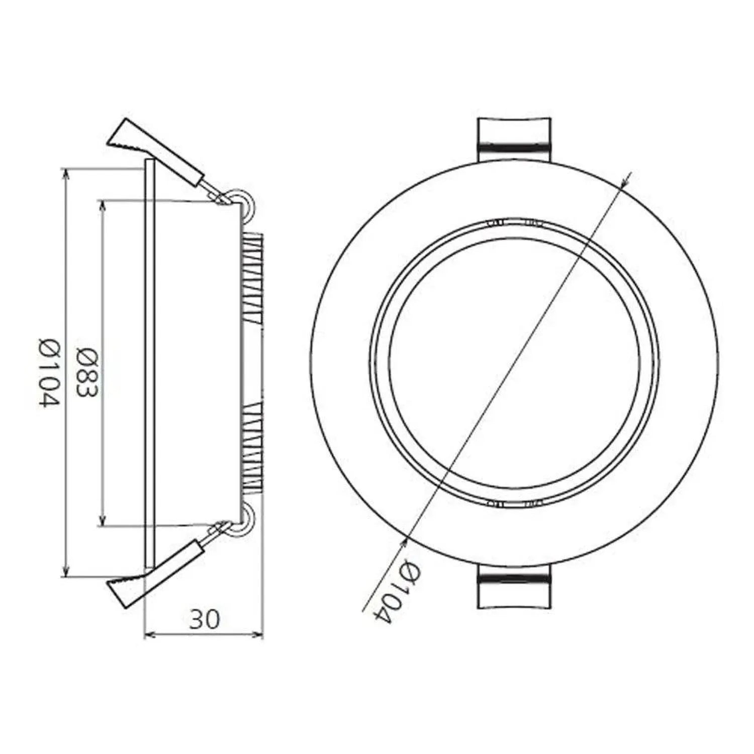 Technical dimension diagram showing front and top views of round recessed LED downlight with measurements including 83mm and 