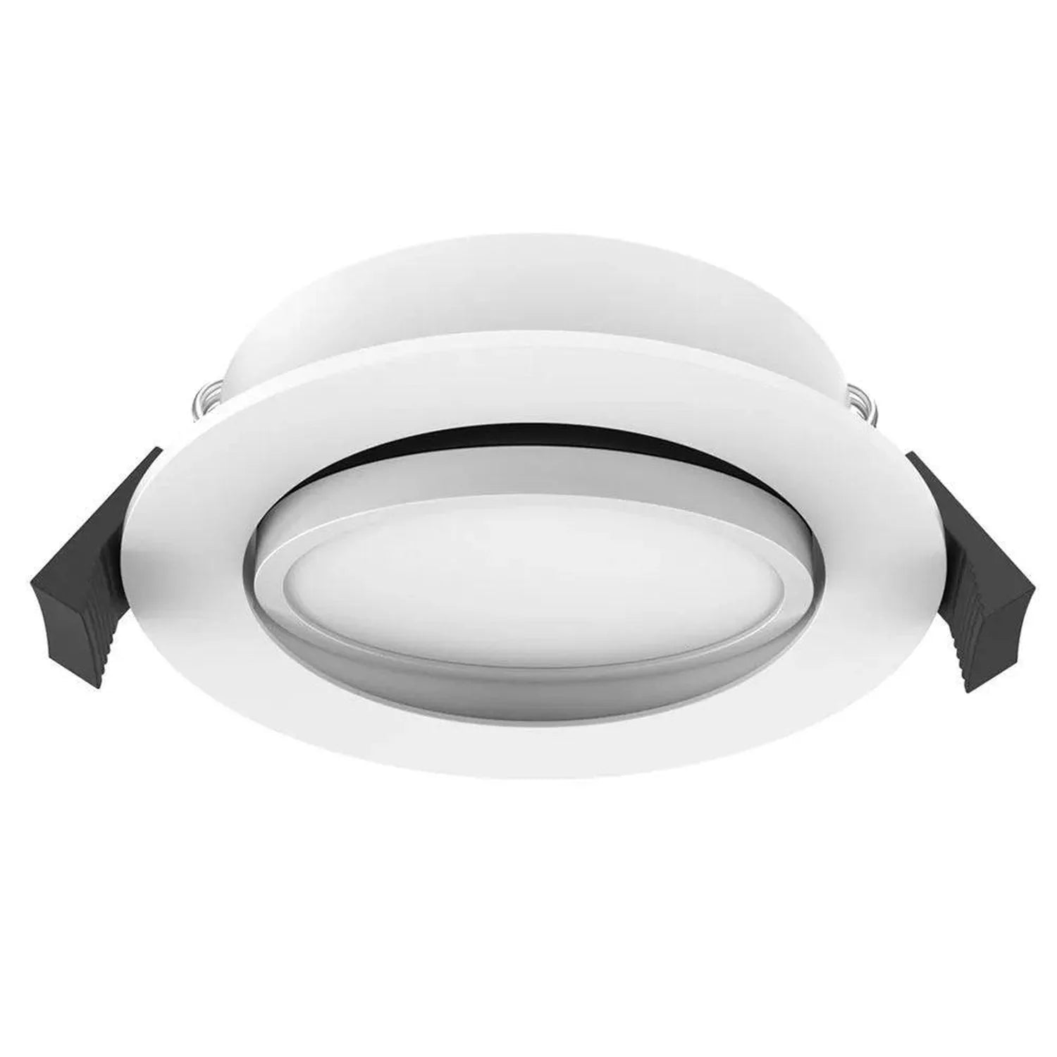 White round recessed LED downlight with black adjustment tabs, shown as a product rendering against white background.