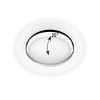 Round recessed downlight with 25-degree tilt adjustment indicator, shown in dimension diagram view.