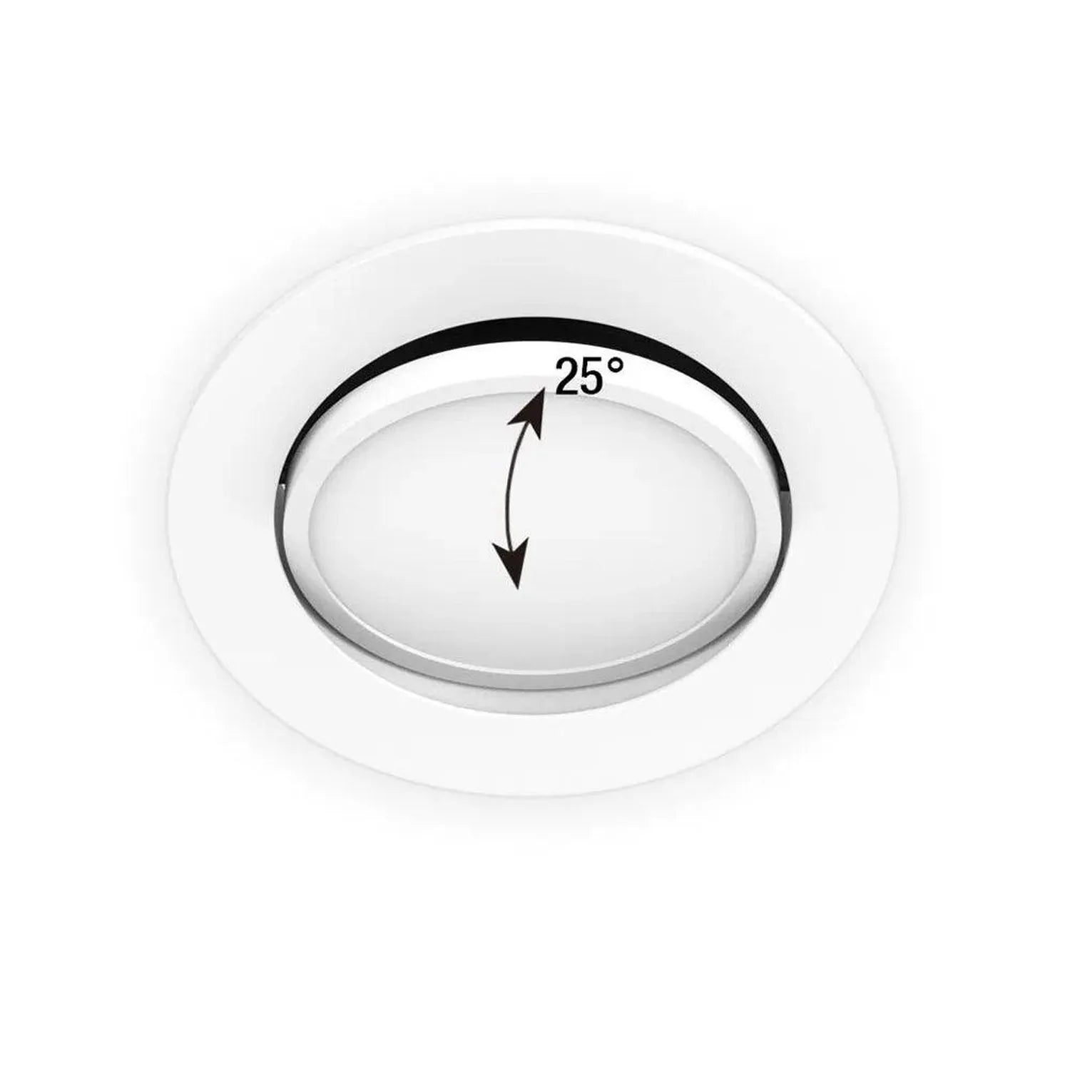 Round recessed downlight with 25-degree tilt adjustment indicator, shown in dimension diagram view.
