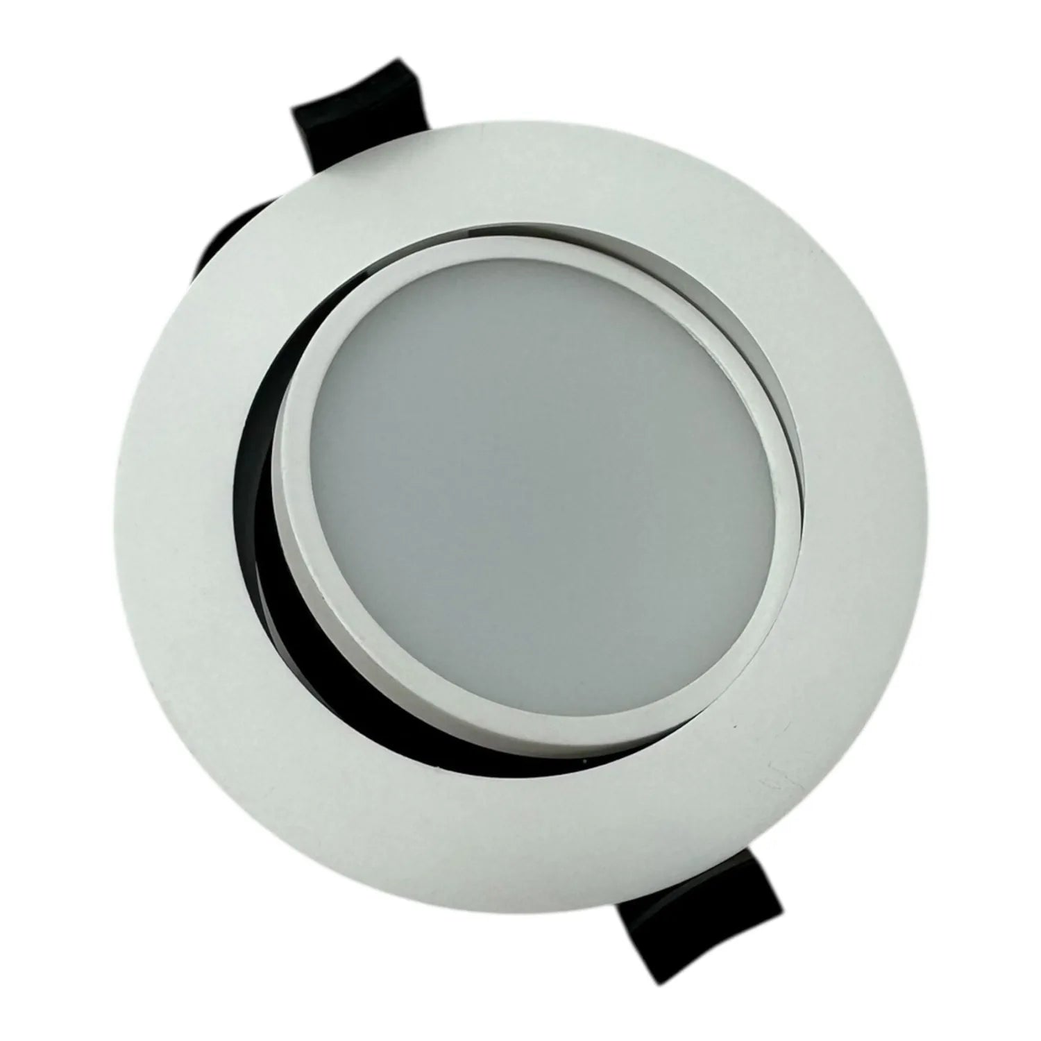 White round recessed downlight fixture with gray reflector and black mounting clips, product shot on white background.