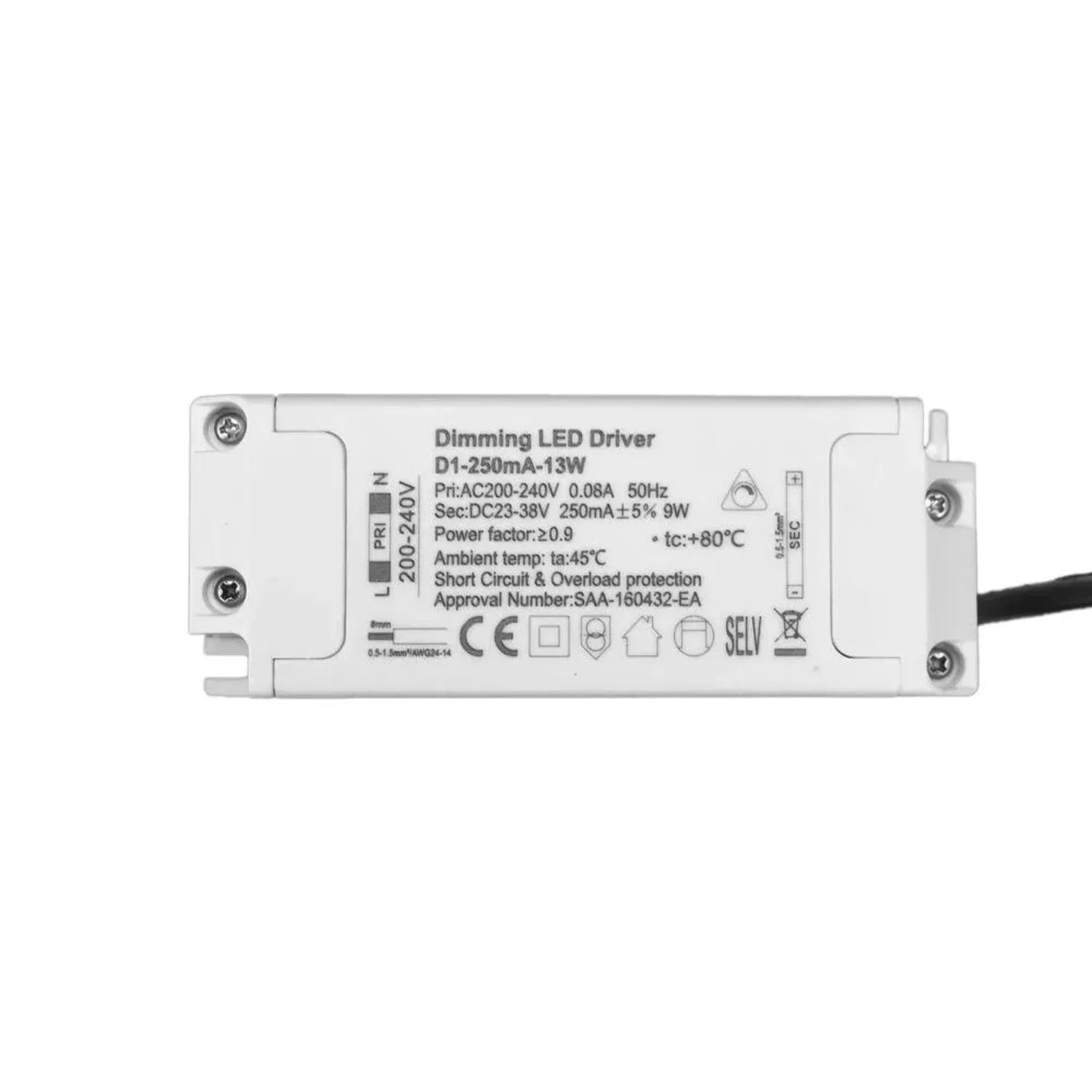 Dimming LED Driver D1-250mA-13W certification label showing input AC200-240V and output DC23-38V specifications.
