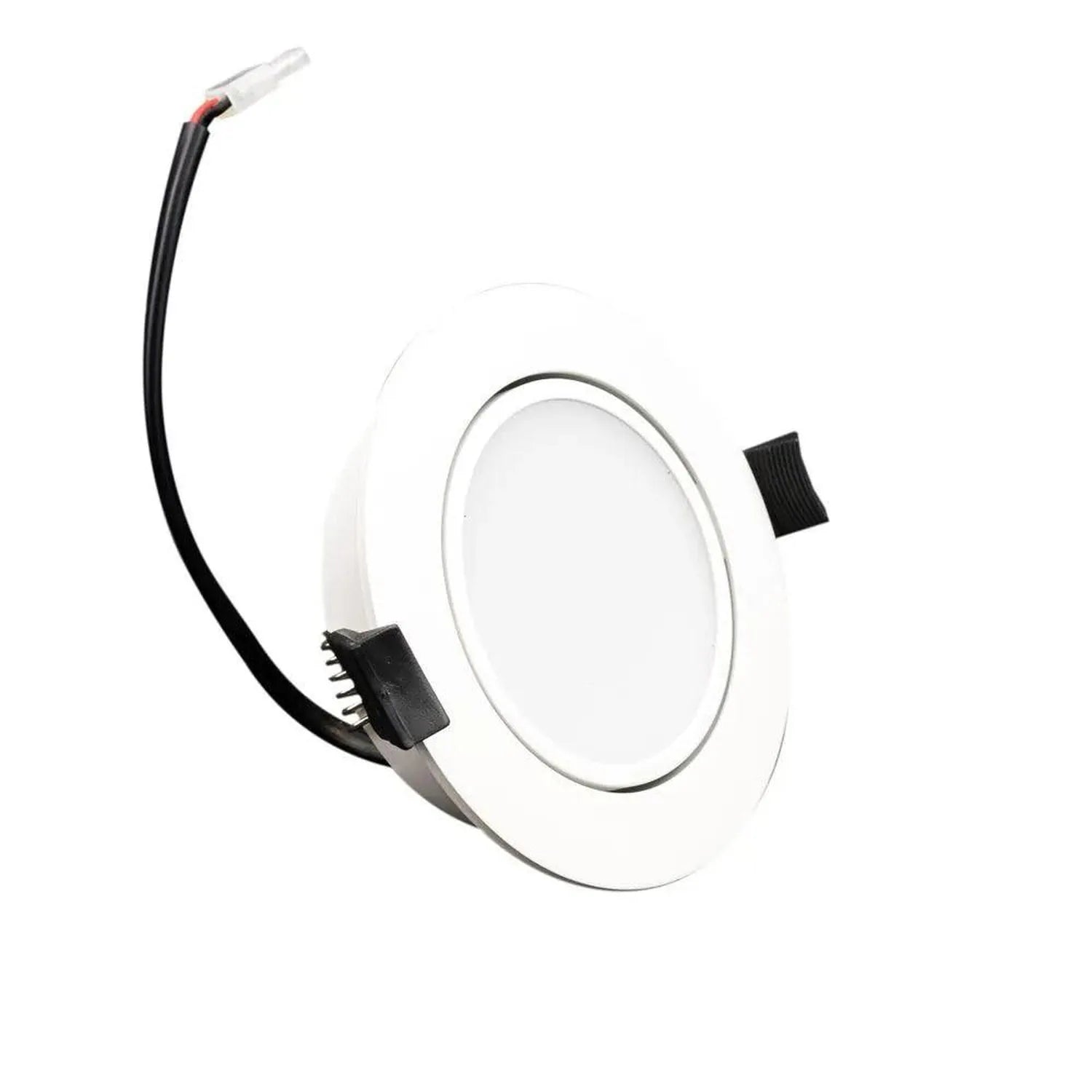 White round LED recessed downlight with attached black wiring harness and connector, shown as product isolated on white backg