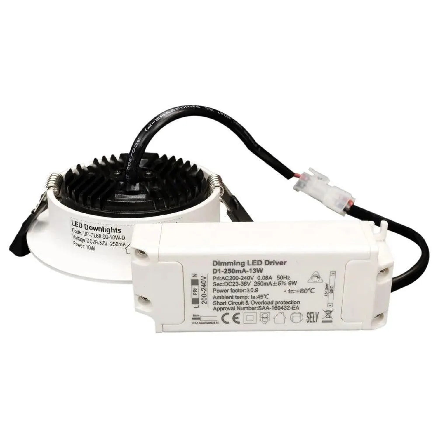LED downlight with dimming driver shown with component parts and specifications label visible.