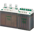 Hoppecke OPzS solar batteries with white caps and green accents, shown as two connected units with dark electrolyte-filled ch