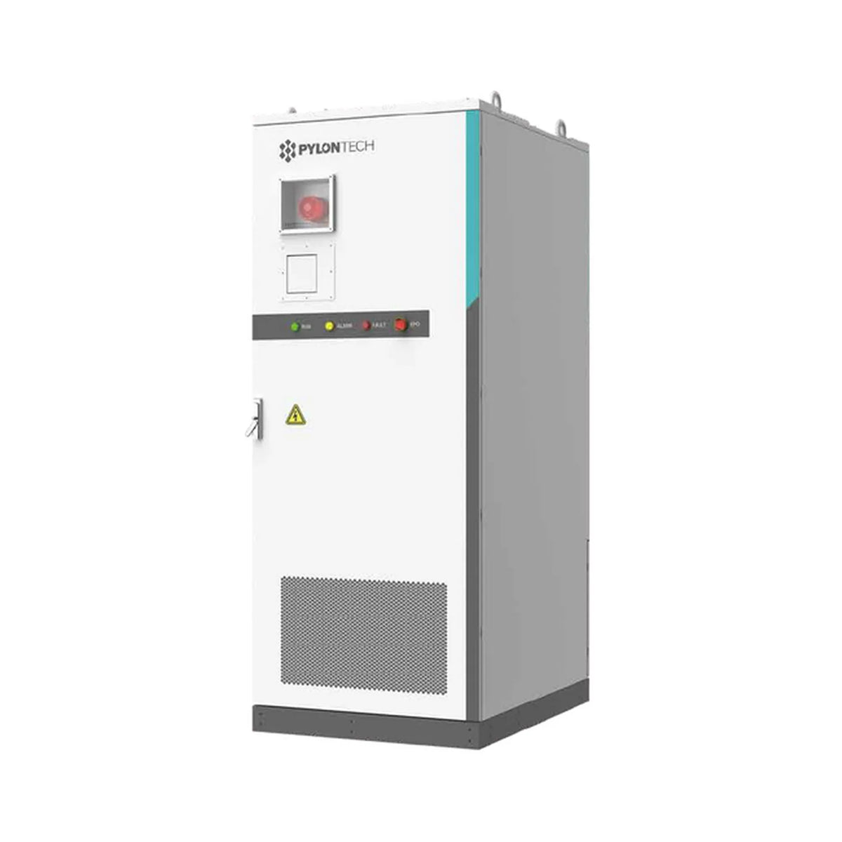 Pylontech Tech outdoor hybrid energy storage cabinet with white front panel, turquoise side panel, display screen, status ind