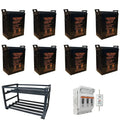 Eight black Voltacon HXG6-300 gel batteries on steel rack with electrical enclosure and breaker panel components.