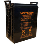 Voltacon HXG6-300 lead-acid battery with orange branding and caution labels, displayed against white background.
