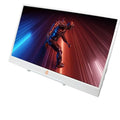 White 14-inch portable monitor displayed at angle showing red and blue gaming character on screen with HDMI and USB-C ports v