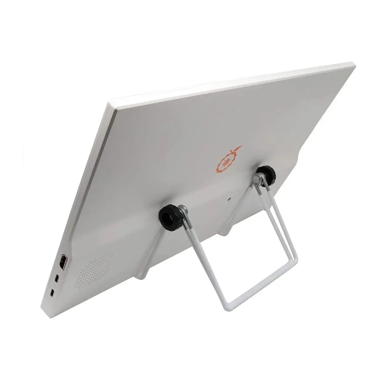 White portable monitor displayed from rear angle with stand extended, showing logo and ports on back panel.
