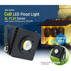 Navi Series CoB LED flood light GL-FL35 with compact black housing and central LED lens, shown installed on house exterior an