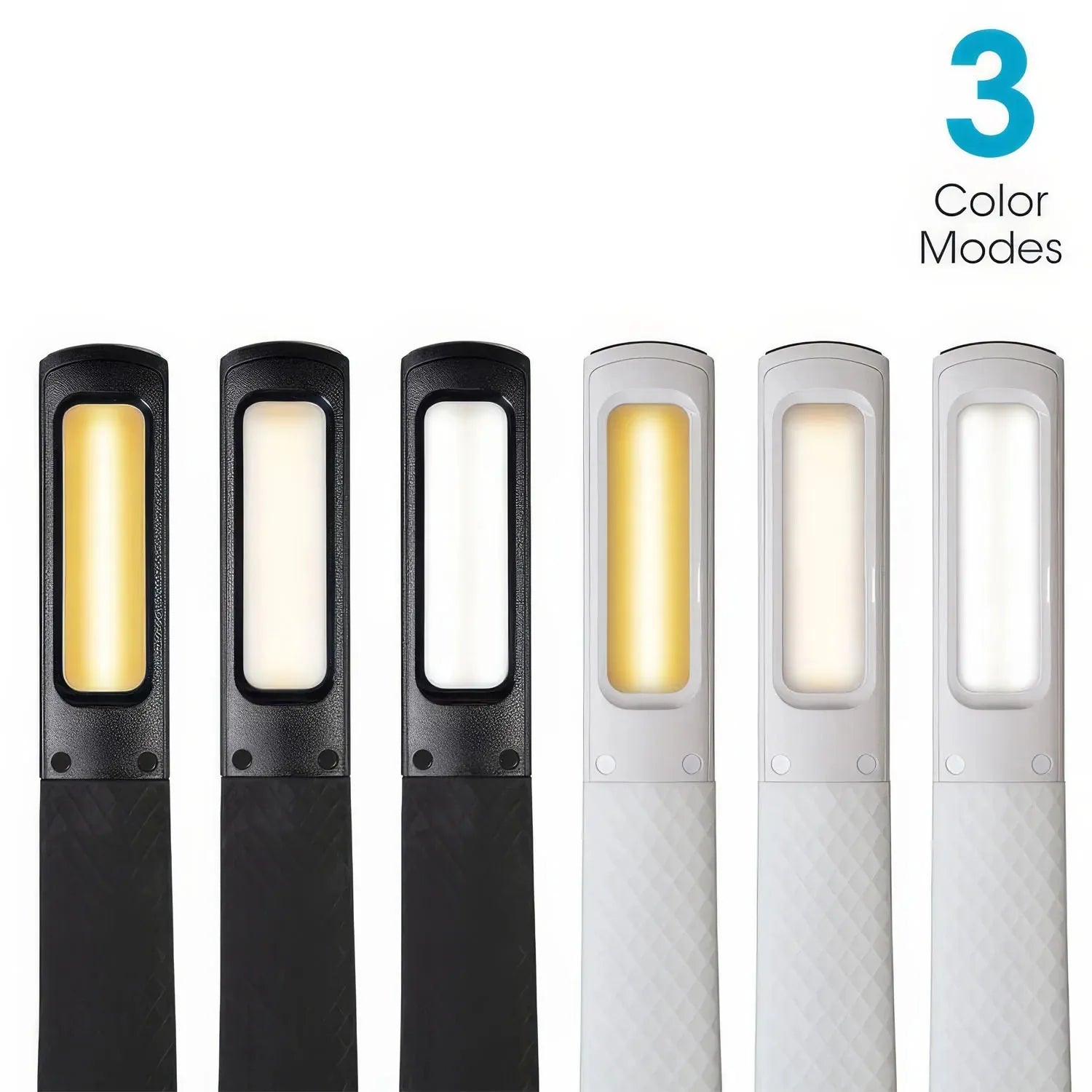 Six LED desk lamps in black and white finishes displaying three color temperature modes from warm yellow to cool white light.