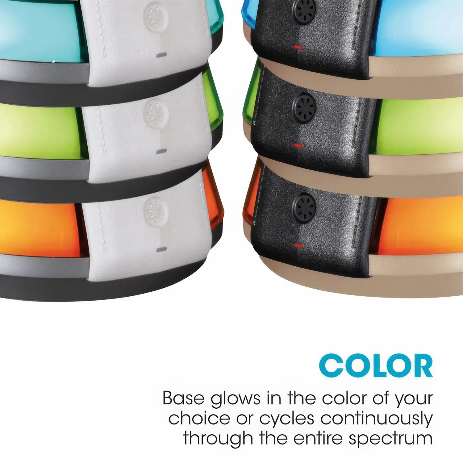 Two OttLite LED desk lamps displayed side-by-side showing white and black models with colored light base options in cyan, gre