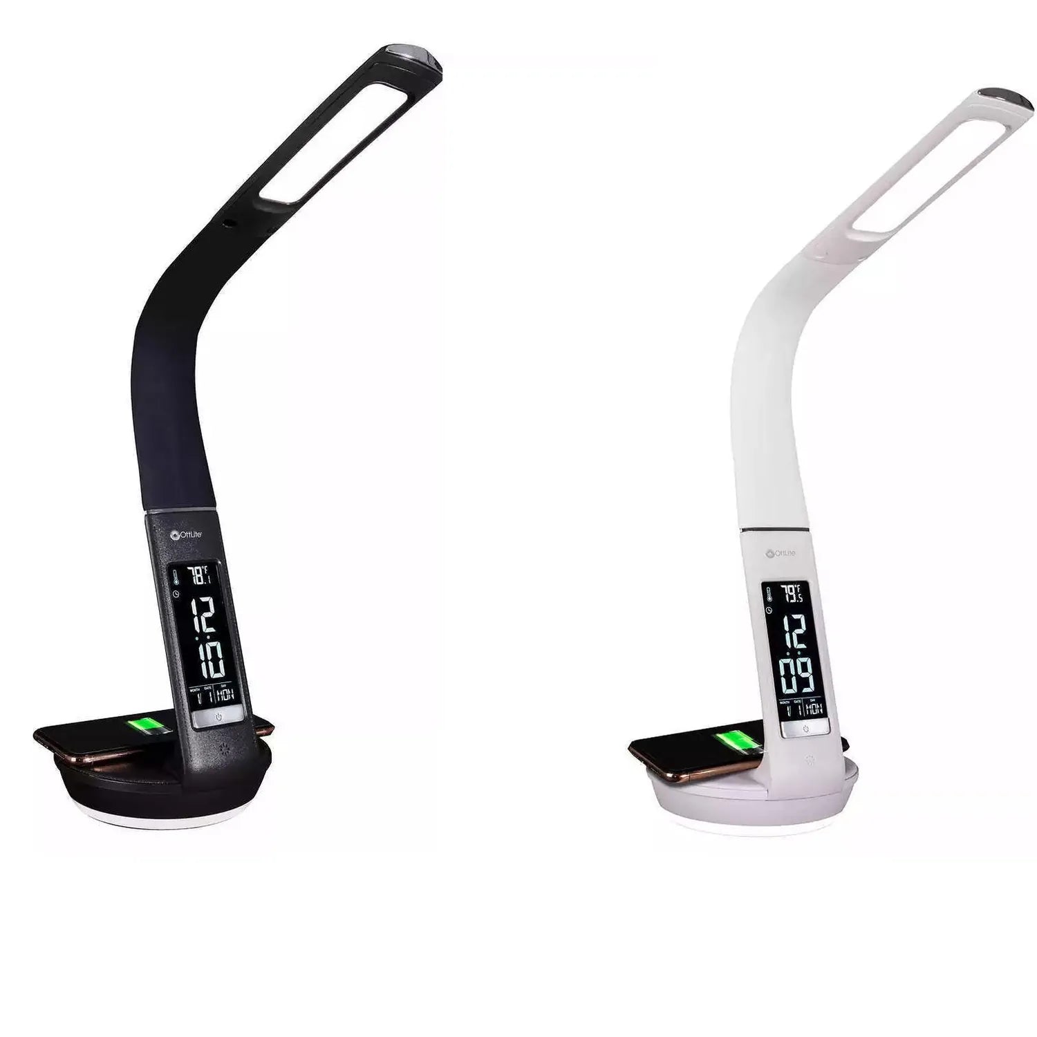 Black and white LED desk lamps with curved bodies, digital clocks, and wireless charging bases side by side.