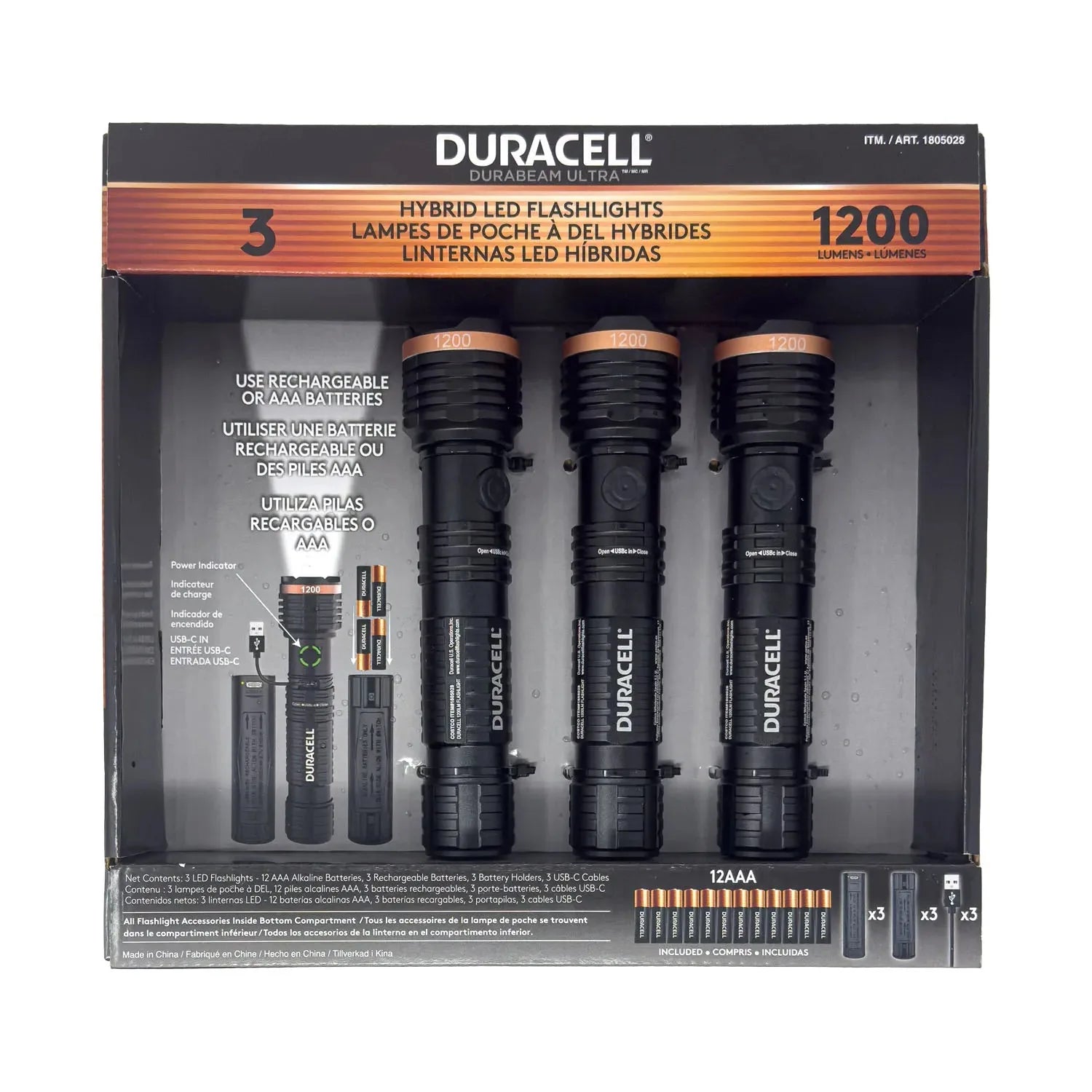 Duracell Durabeam Ultra hybrid LED flashlight 3-pack in retail packaging showing three black flashlights with copper trim, ba