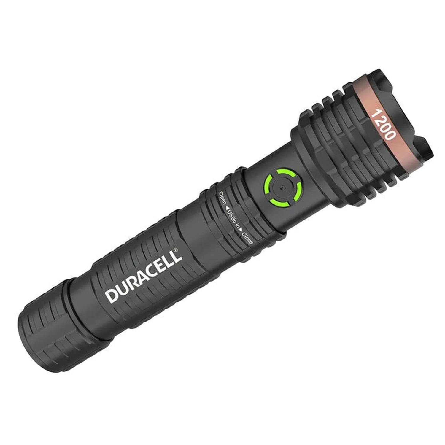 Duracell DURABEAM ULTRA LED torch with 1200 lumens output, black aluminum body with green power button and copper head, displ