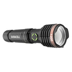 Duracell DURABEAM ULTRA LED torch with ribbed aluminum body, green power indicator, and 1200 lumen lens head against white ba