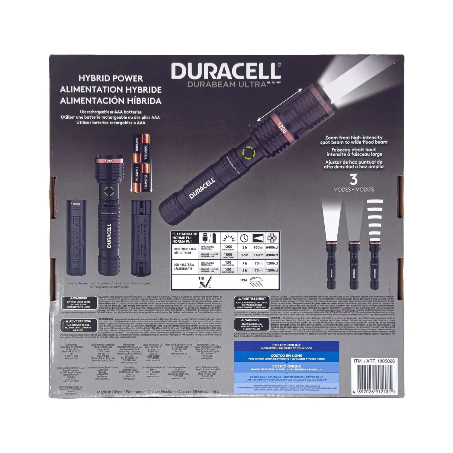 Duracell DURABEAM ULTRA flashlight product packaging showing torch, batteries, and specifications with three lighting modes.
