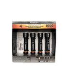 Duracell Durabeam Ultra 1500 lumen hybrid LED flashlights 4-pack in retail packaging with batteries included.