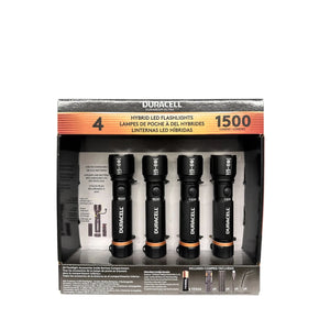Duracell Durabeam Ultra 1500 lumen hybrid LED flashlights 4-pack in retail packaging with batteries included.