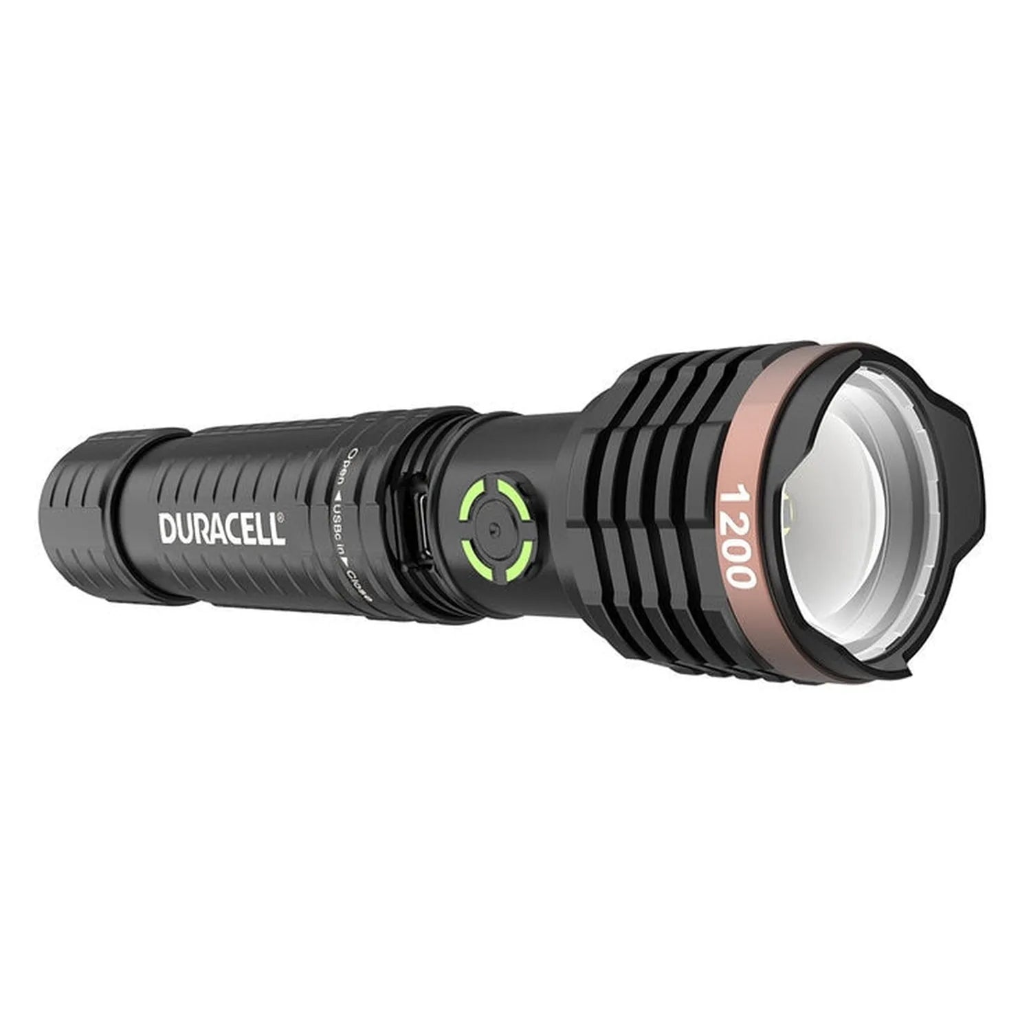 Duracell Durabeam LED flashlight with cylindrical black aluminum body, ribbed grip sections, green power indicator ring, and 