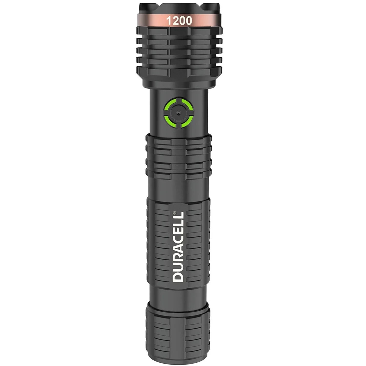 Duracell Durabeam LED torch with 1200 lumens, black aluminum body with green accent ring and textured grip.