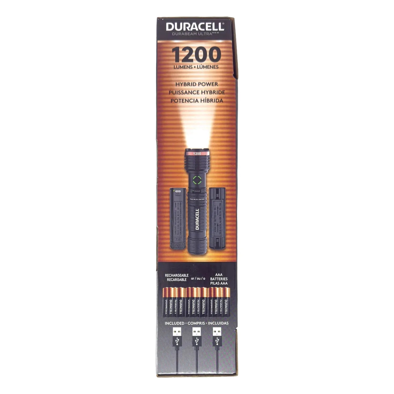 Duracell Durabeam Ultra 1200 lumens hybrid power flashlight packaging with included batteries and charging cables.