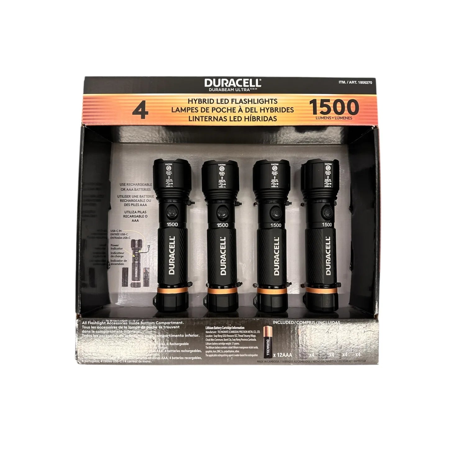 Duracell Durabeam Ultra hybrid LED flashlight 4-pack with 1500 lumens in retail packaging, showing four black aluminum flashl