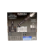 Duracell Durabeam Ultra flashlight product packaging back panel showing hybrid power specifications, three lighting modes, an