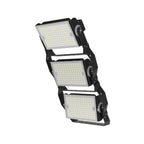 Three-tiered modular LED flood light with black mounting bracket and clear lens panels containing white LED arrays.