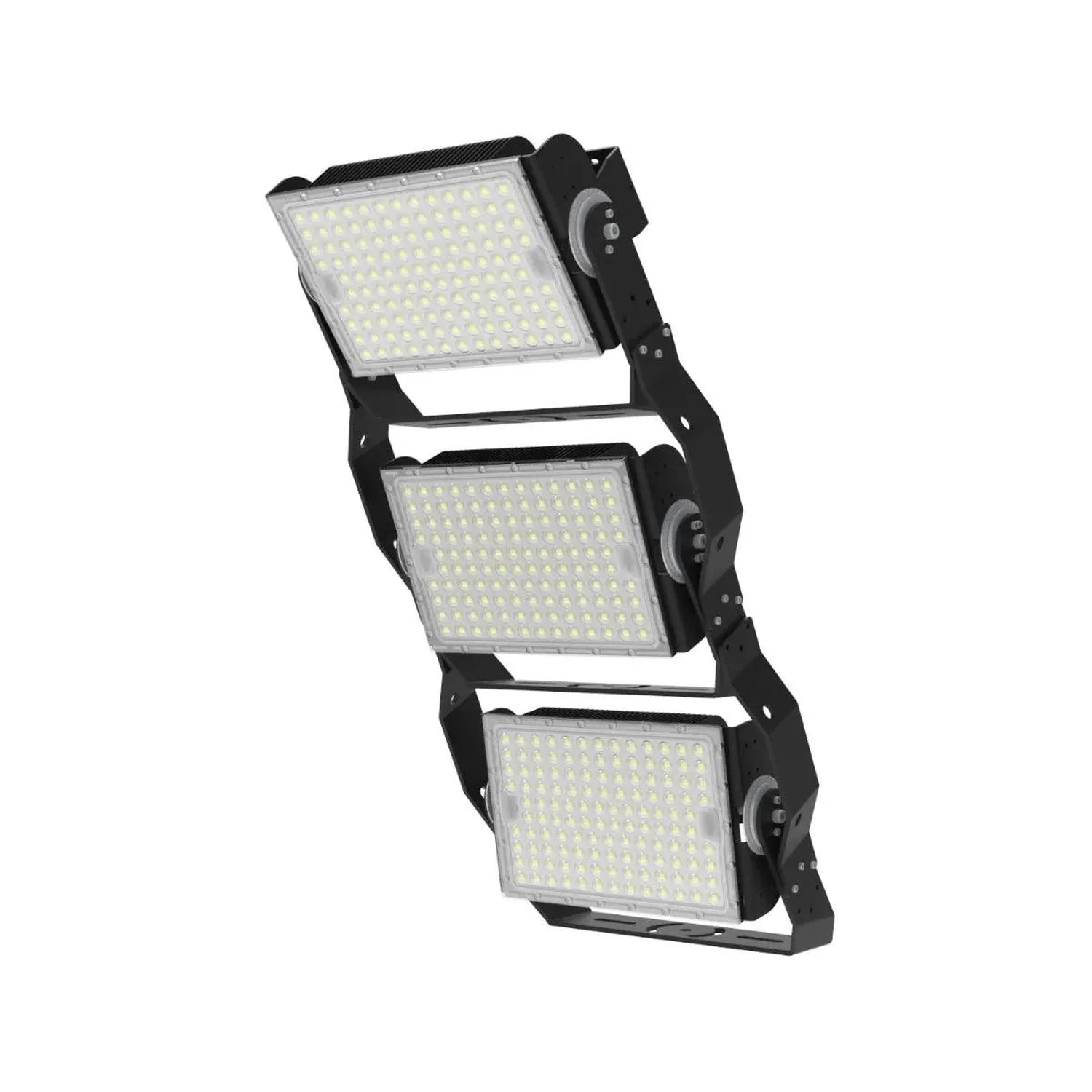 Three-tiered modular LED flood light with black mounting bracket and clear lens panels containing white LED arrays.