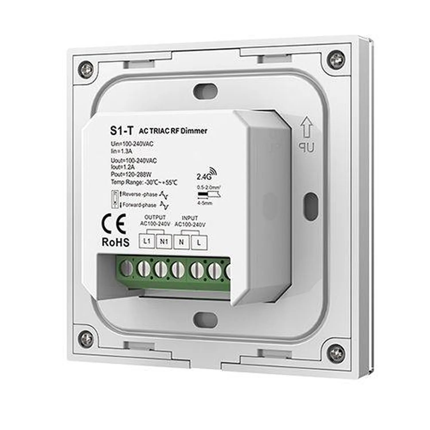 Back view of S1-T AC TRIAC RF dimmer showing green terminal block connectors labeled L1, N1, N, L and 2.4G wireless receiver 
