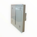 White wall-mounted LED touch dimmer switch with power button, mode selector, and 20-second delay-off display on frosted panel