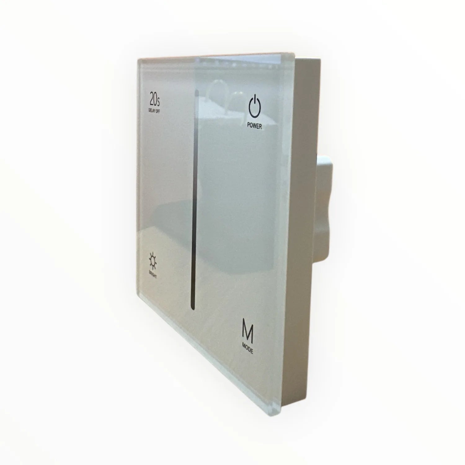 White wall-mounted LED touch dimmer switch with power button, mode selector, and 20-second delay-off display on frosted panel
