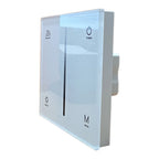White touch dimmer switch with power button, 20-second delay off display, brightness slider, mode button, and sun icon, mount